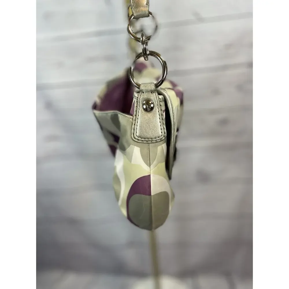 Coach Soho Signature Scarf Print Small Shoulder Bag Purple Silver Satin Handbag - Picture 6 of 13